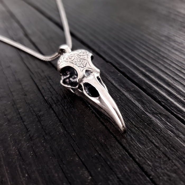 Engraved Raven Skull Pendant