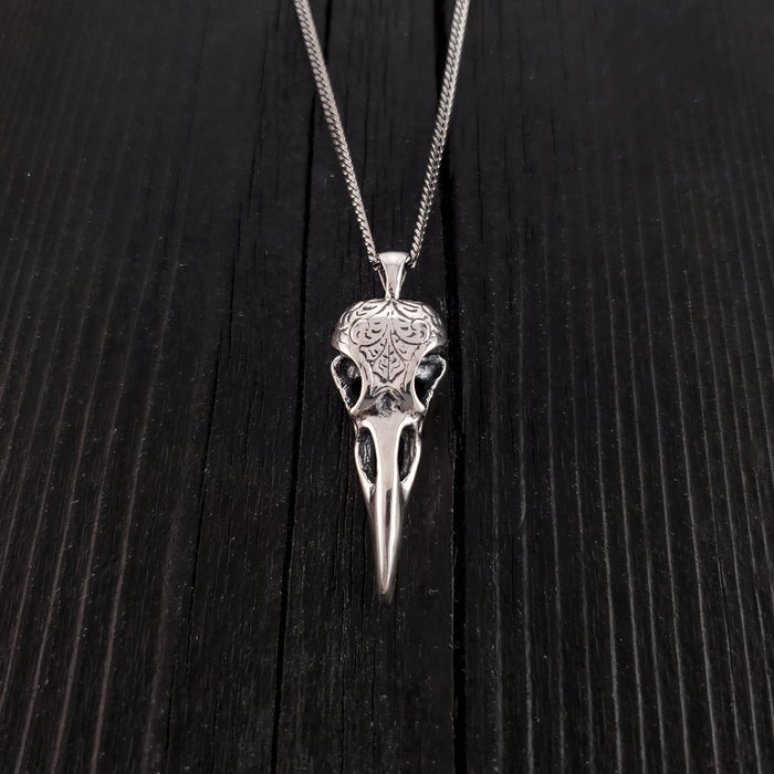 Engraved Raven Skull Pendant