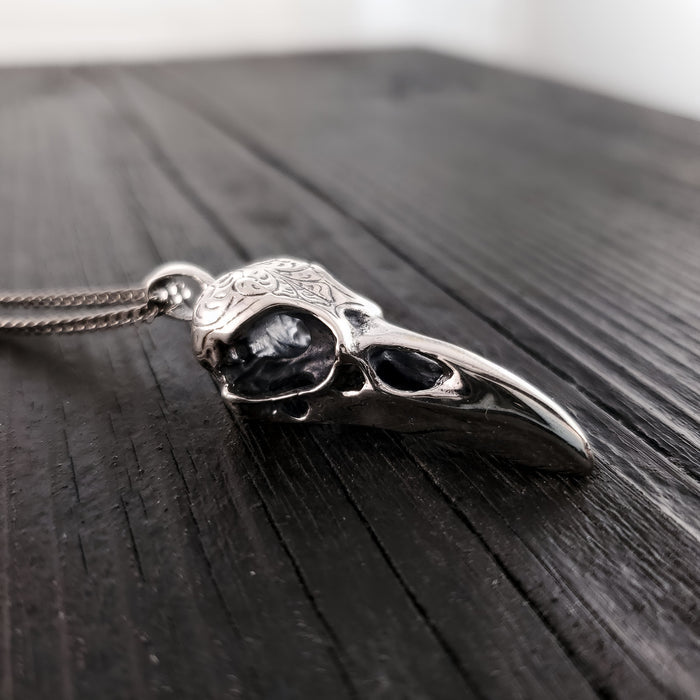 Engraved Raven Skull Pendant