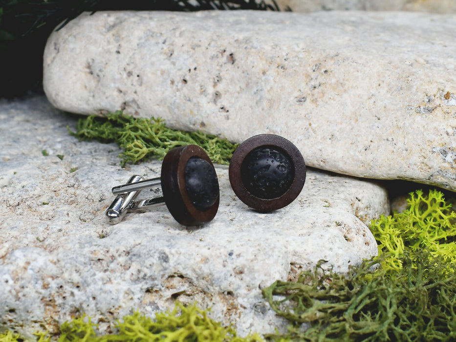 Wood Cufflinks with Volcanic Lava Stone #18