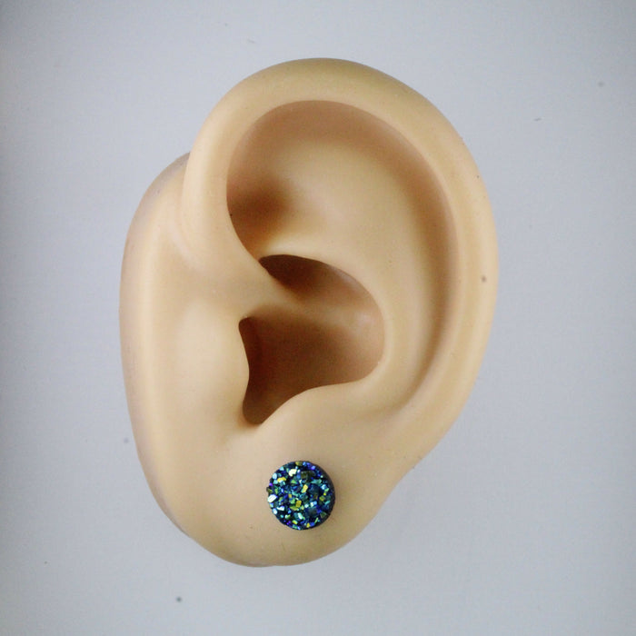 Druzy Resin Iridescent Earrings, 8mm & 11 colors, Magnetic, Clip-on or Hypoallergenic Stud