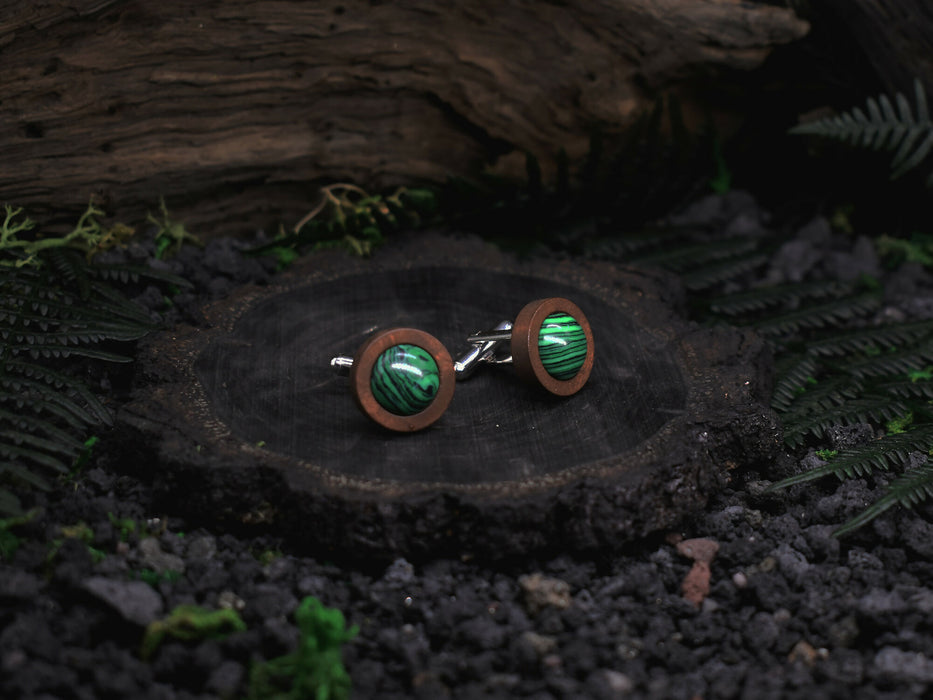 Wood Cufflinks with Malachite Stone #43