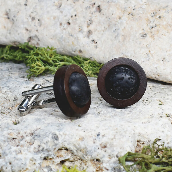 Wood Cufflinks with Volcanic Lava Stone #18