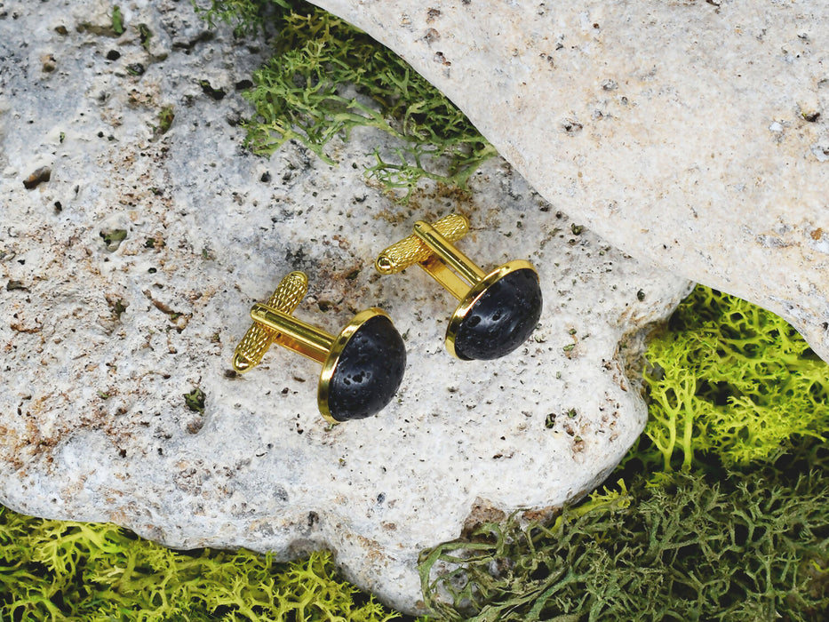 Gold Steel Cufflinks with Volcanic Lava Stone #19
