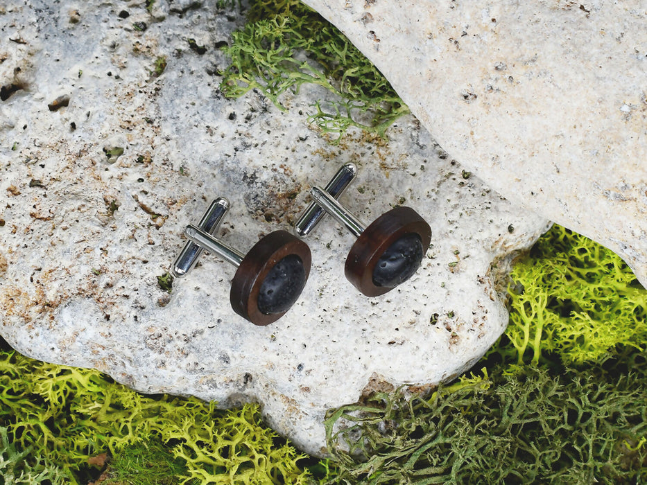 Wood Cufflinks with Volcanic Lava Stone #18