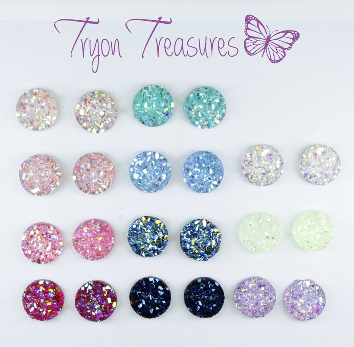 Druzy Resin Iridescent Earrings, 8mm & 11 colors, Magnetic, Clip-on or Hypoallergenic Stud