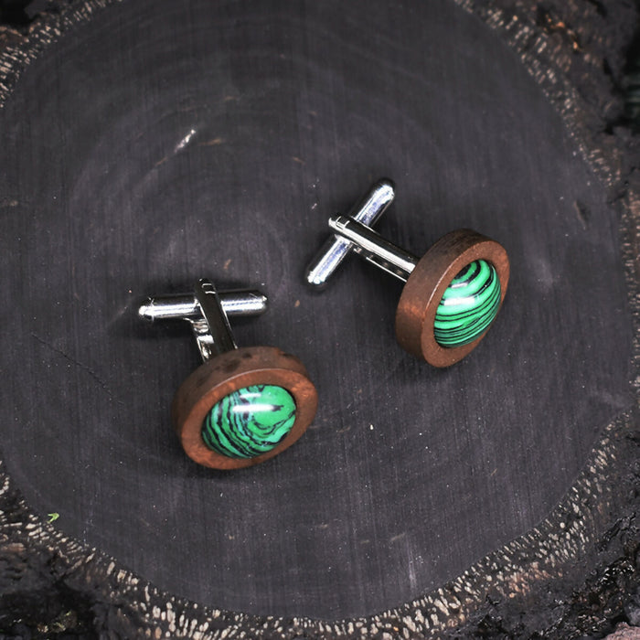 Wood Cufflinks with Malachite Stone #43