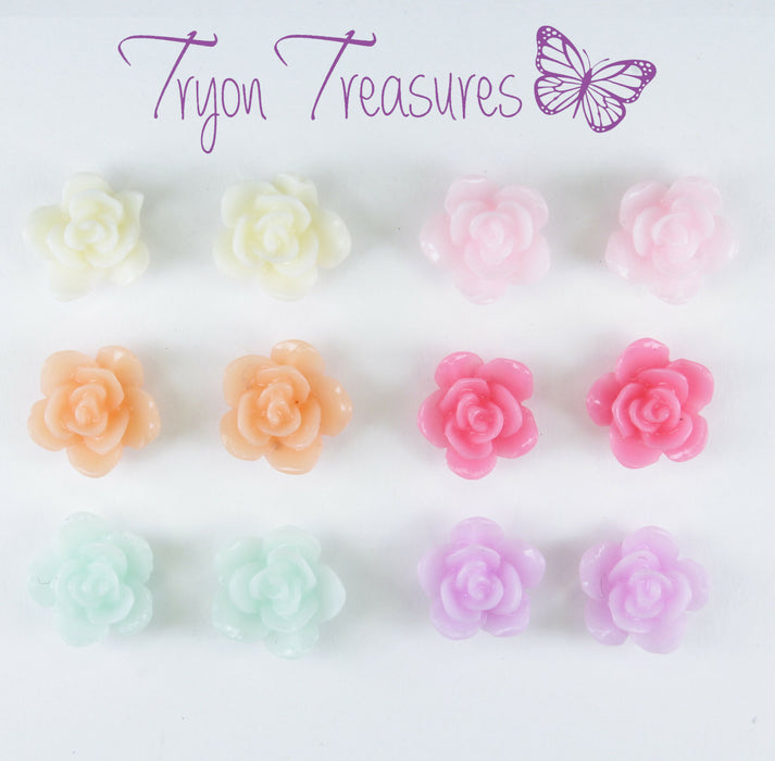 Flower Rose Earrings, Individual or 6 pack: 7mm Hypoallergenic Stud, Clip-on or Magnetic