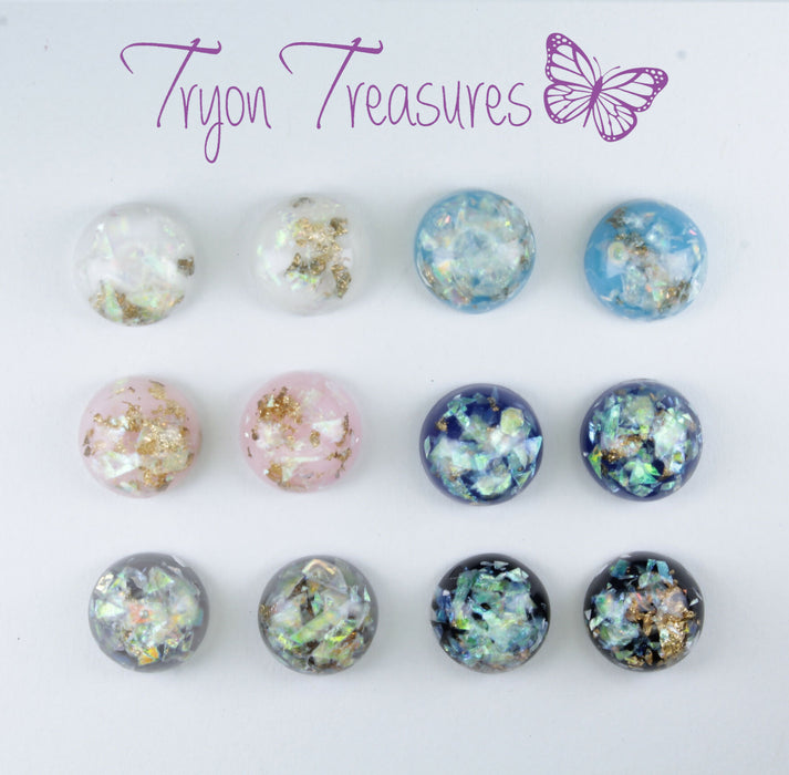 Iridescent and Gold Flake Earrings, 8mm or 10mm, Hypoallergenic Stud, Clip-on or Magnetic