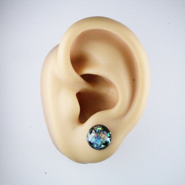 Iridescent and Gold Flake Earrings, 8mm or 10mm, Hypoallergenic Stud, Clip-on or Magnetic