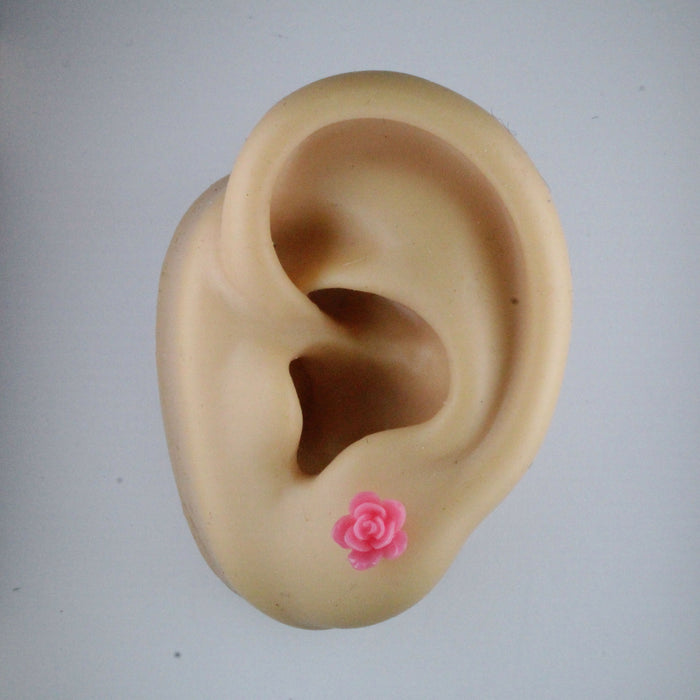 Flower Rose Earrings, Individual or 6 pack: 7mm Hypoallergenic Stud, Clip-on or Magnetic