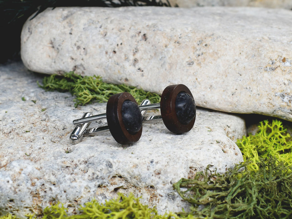 Wood Cufflinks with Volcanic Lava Stone #18