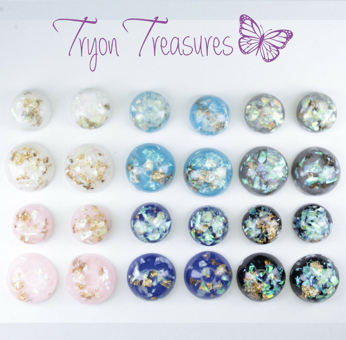 Iridescent and Gold Flake Earrings, 8mm or 10mm, Hypoallergenic Stud, Clip-on or Magnetic