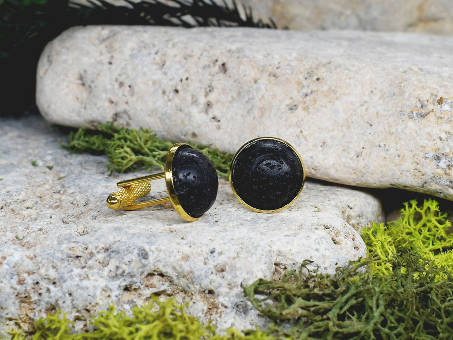 Gold Steel Cufflinks with Volcanic Lava Stone #19
