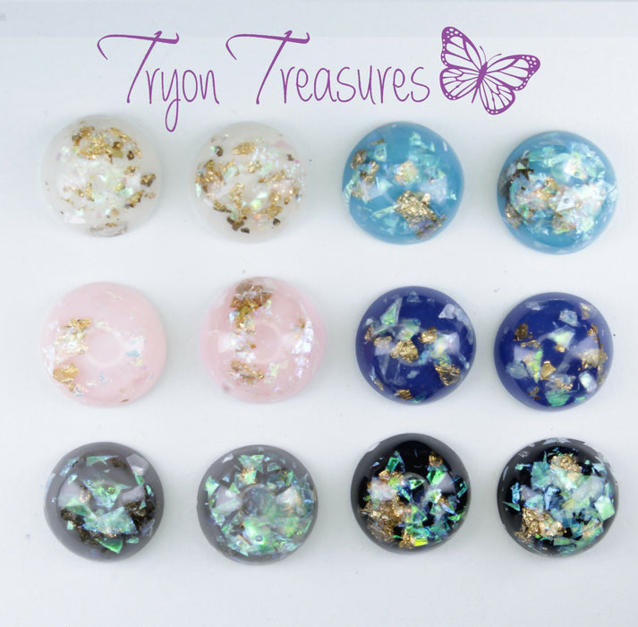 Iridescent and Gold Flake Earrings, 8mm or 10mm, Hypoallergenic Stud, Clip-on or Magnetic