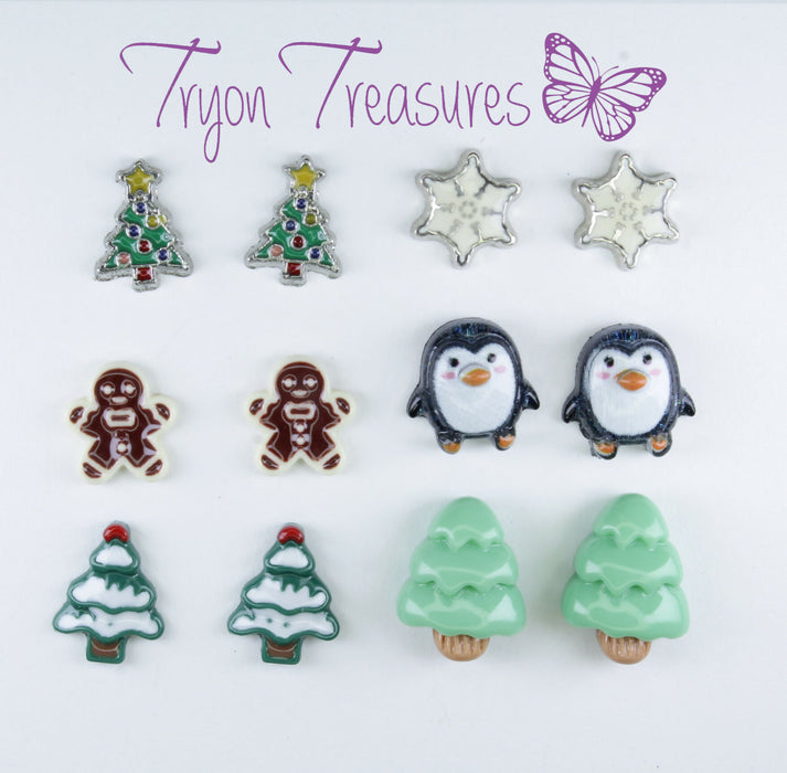 Christmas Earrings, individual or 6-pack, Tree, Gingerbread, Snowflake, Penguin Magnetic, Clip-on or Hypoallergenic Stud