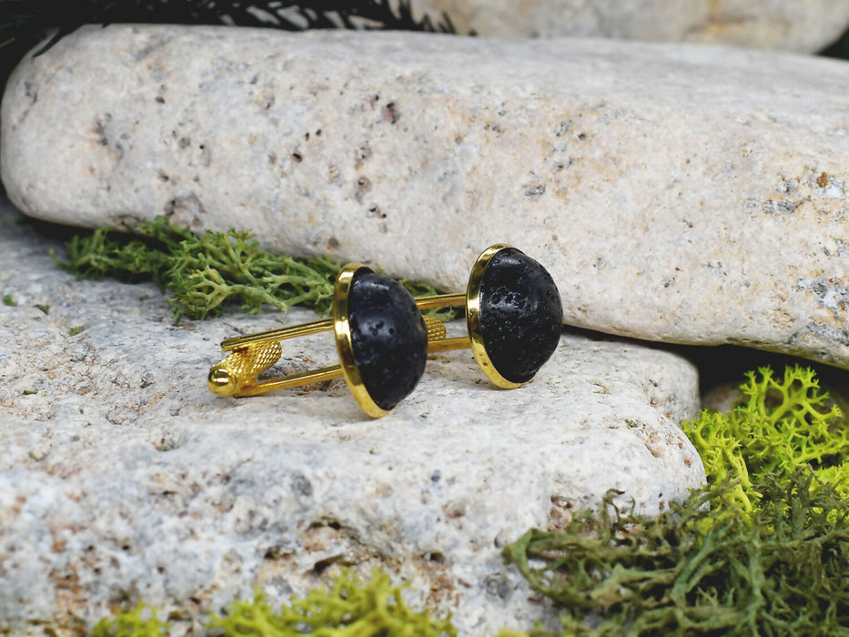 Gold Steel Cufflinks with Volcanic Lava Stone #19