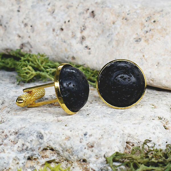 Gold Steel Cufflinks with Volcanic Lava Stone #19