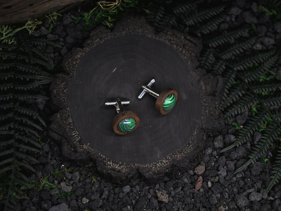 Wood Cufflinks with Malachite Stone #43